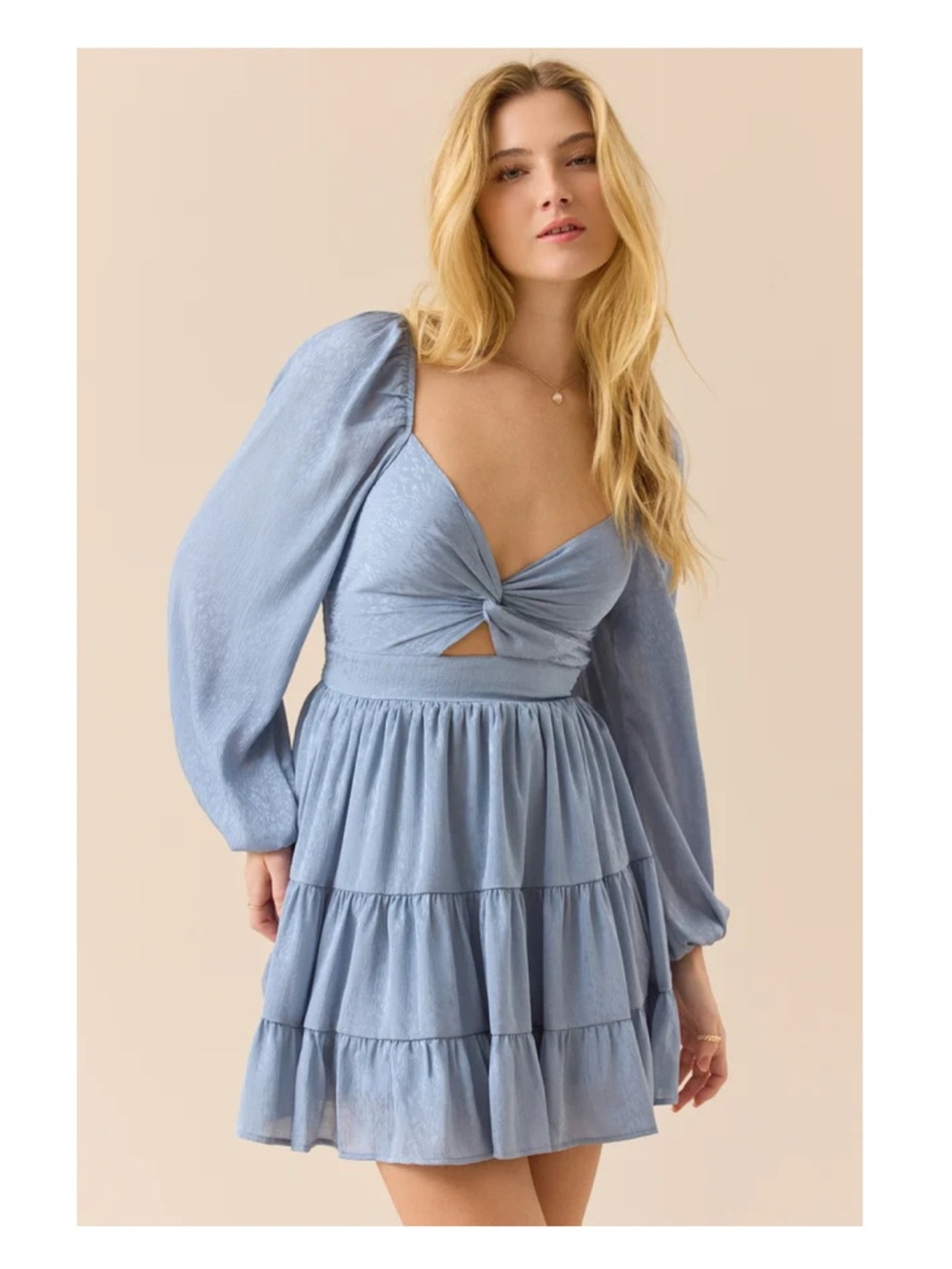 Altar'd State Dusty Blue Long Sleeve Tiered Mini Dress